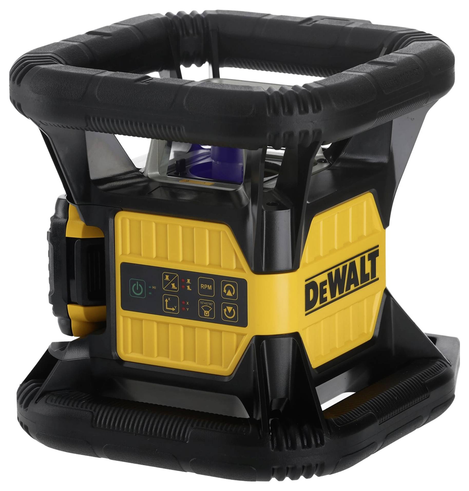 Schwarz-gelber Baustellen-Laser mit DeWalt-Logo, robustes Gehäuse, beleuchtetes Display mit Bedienelementen, für präzise Vermessungsarbeiten.