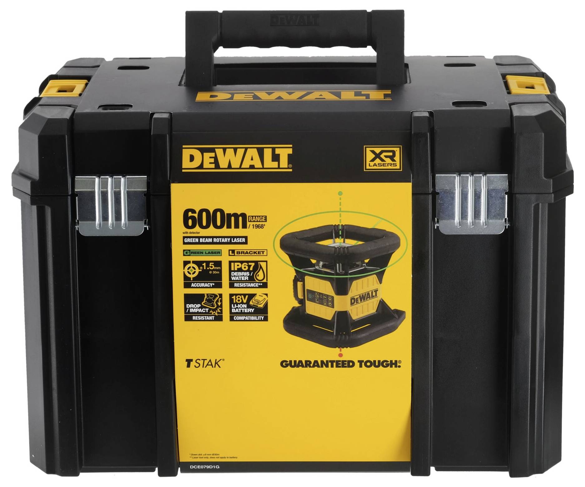 Schwarzer Werkzeugkoffer mit gelben Details und DeWalt-Logo. Aufkleber zeigt '600m', 'IP67', und 'Guaranteed Tough'. Griff oben.