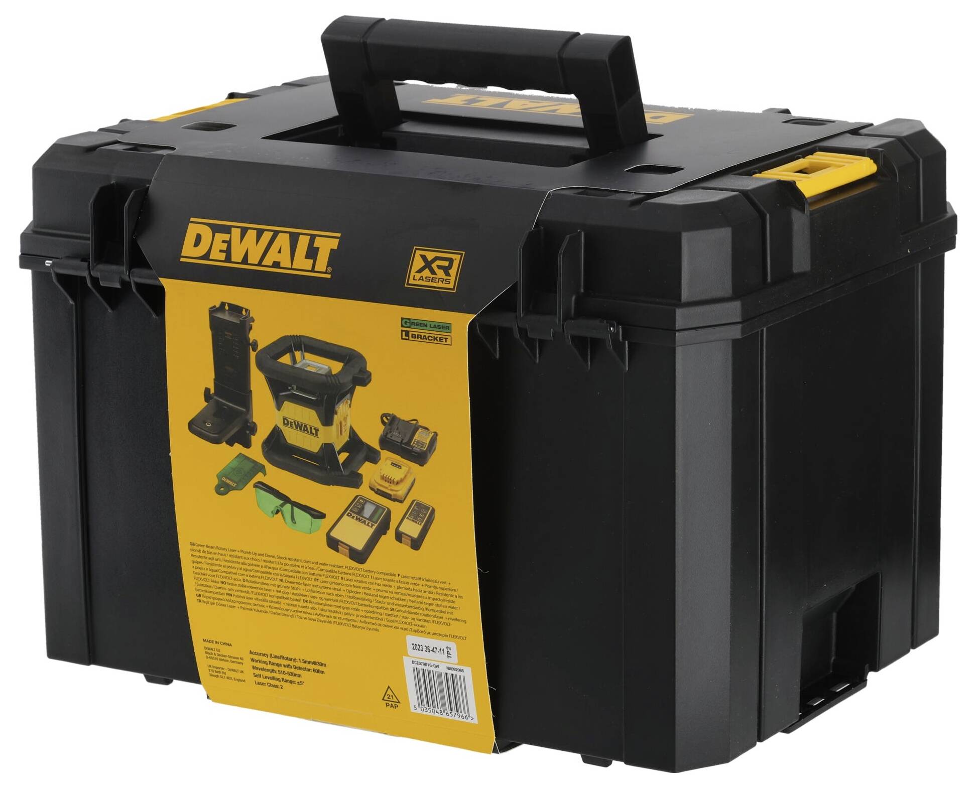 Ein schwarzer Werkzeugkoffer der Marke DeWalt XR, mit Tragegriff, enthält abgebildete Werkzeuge und Zubehör.