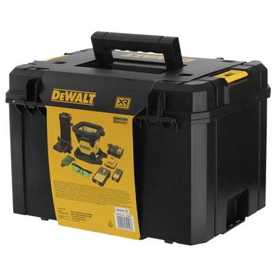 Ein schwarzer Werkzeugkoffer der Marke DeWalt XR, mit Tragegriff, enthält abgebildete Werkzeuge und Zubehör.