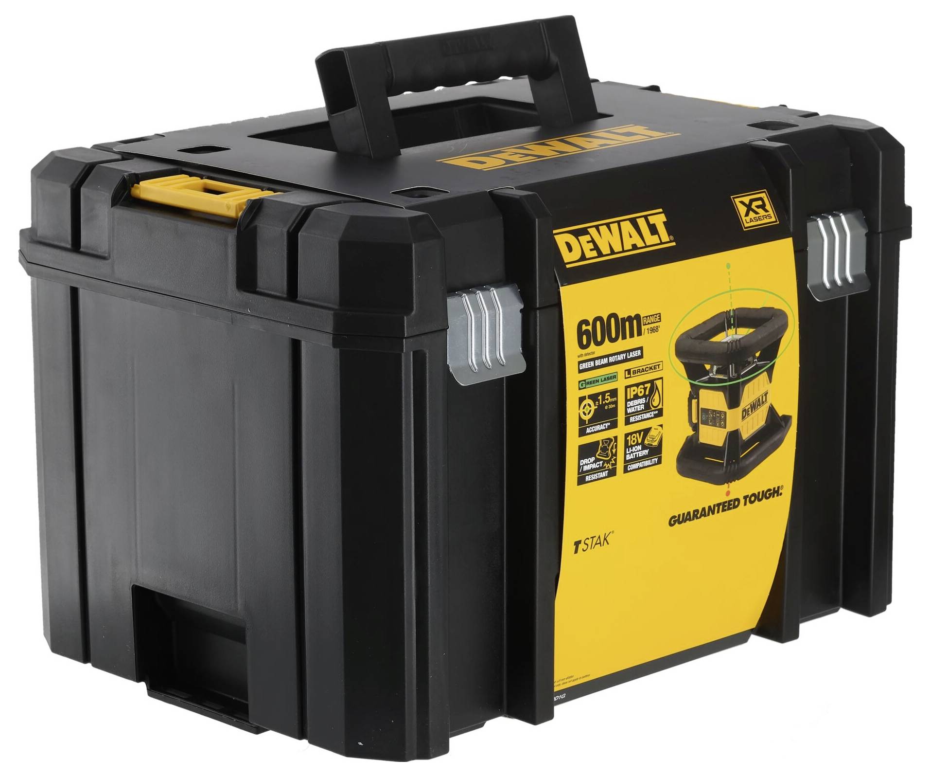 Schwarzer Werkzeugkoffer von DeWalt mit gelbem Logo und Etikett. Beschriftung zeigt "600m" Reichweite und "Guaranteed Tough".