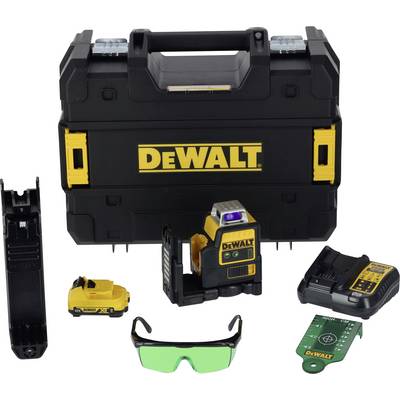 Ein DEWALT Laser-Nivelliergerät-Set mit Tragekoffer, Akku, Ladegerät, grüner Schutzbrille und Wandhalterung.