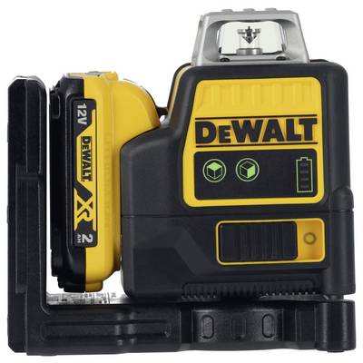 Ein tragbarer DeWalt-Laser mit gelben und schwarzen Gehäuse, drei Tasten vorne, wird mit einer Batterie betrieben, geeignet für Bauarbeiten.