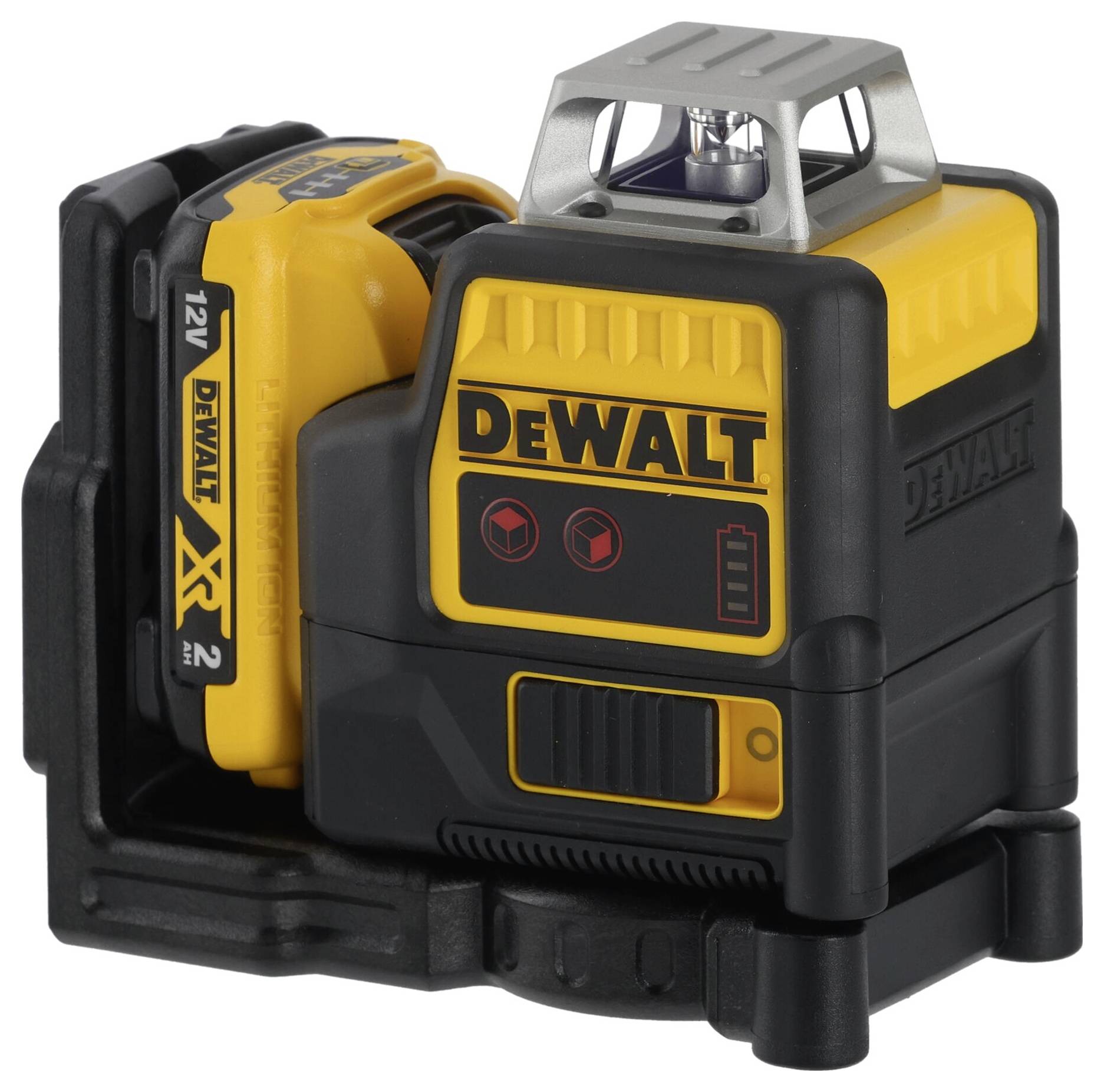 Ein gelber Laser-Nivellierer von DeWalt mit einem 12V-Akku. Das Gerät zeigt Batteriestandsanzeige und ist robust gebaut.