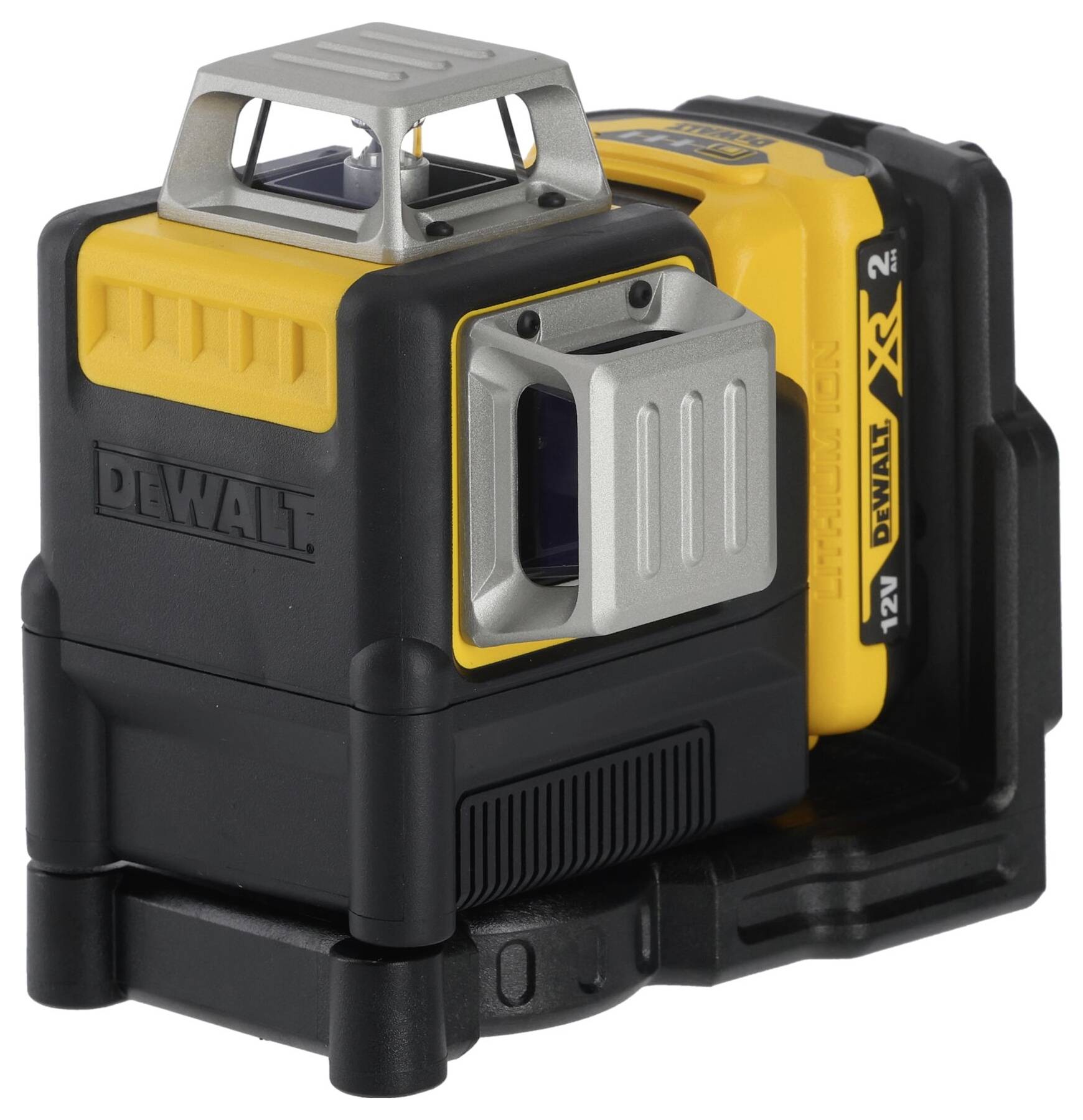 Ein gelb-schwarzer, kompakter Kreuzlinienlaser von Dewalt. Das Gerät ist robust konstruiert und für präzise Bauanwendungen geeignet.