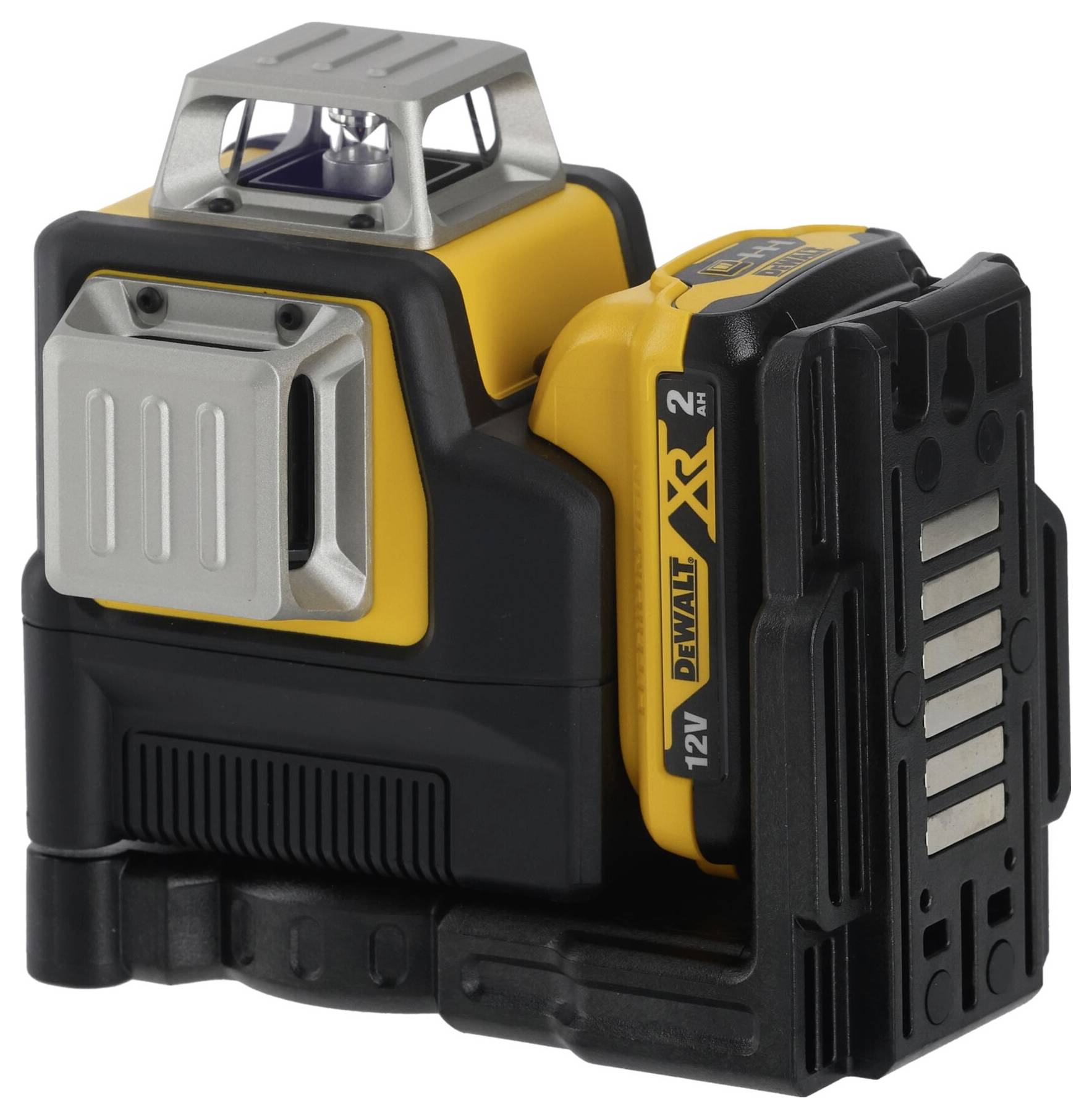 'DEWALT' Laser-Nivelliergerät in Gelb und Schwarz mit robustem Gehäuse und 12V Batterie, vielseitig einsetzbar für Präzisionsarbeiten.