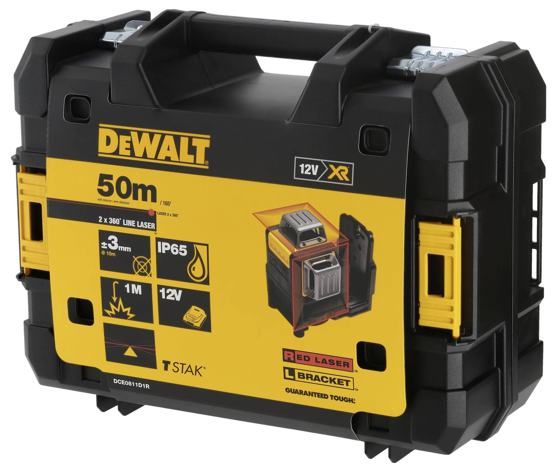 Schwarzer DeWalt Koffer mit gelben Aufklebern, enthält einen 50m Laser, IP65 zertifiziert, 12V, roter Laser, T-Stak kompatibel.