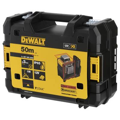 Schwarzer DeWalt Koffer mit gelben Aufklebern, enthält einen 50m Laser, IP65 zertifiziert, 12V, roter Laser, T-Stak kompatibel.