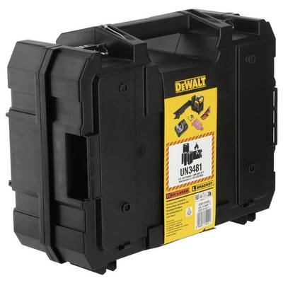 Schwarzer Werkzeugkoffer der Marke DeWalt mit gelbem Etikett. Abgebildete Werkzeuge und UN3481-Hinweis für Lithium-Batterien.