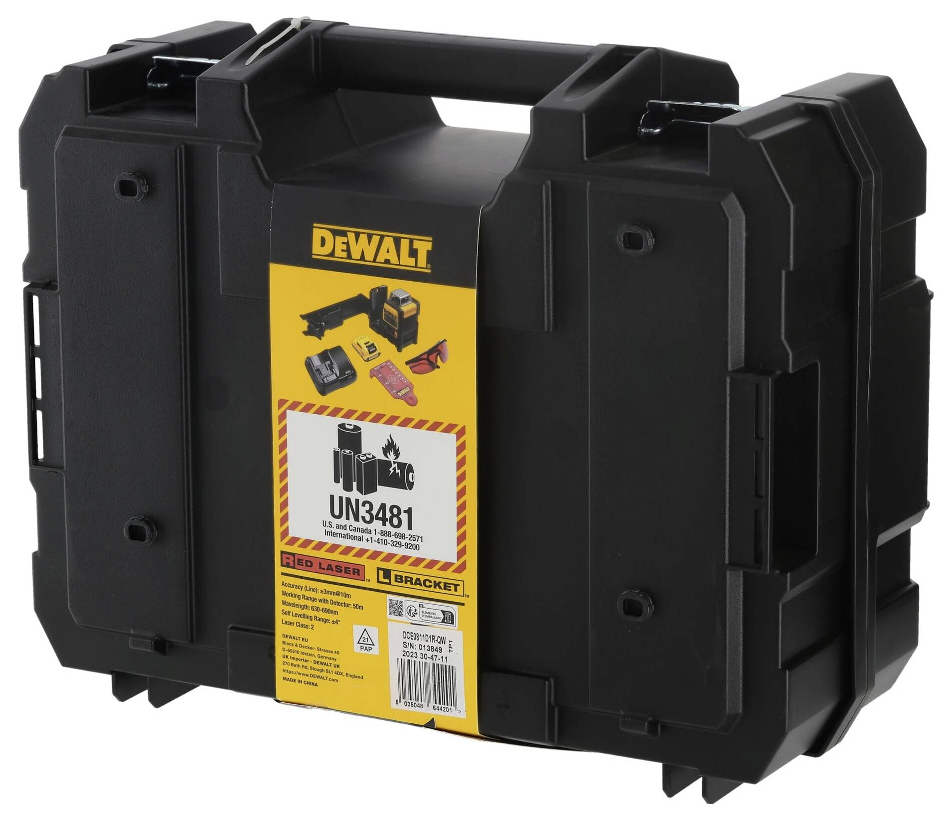 Schwarzer DeWalt-Koffer mit rotem Gefahrenhinweis 'UN3481', Abbildung von Elektrogeräten und Batterien.