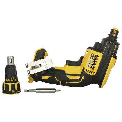 Gelbes und schwarzes Elektrowerkzeug mit Zubehörteilen, einschließlich eines abnehmbaren Kopfes und Bits, von der Marke Dewalt.
