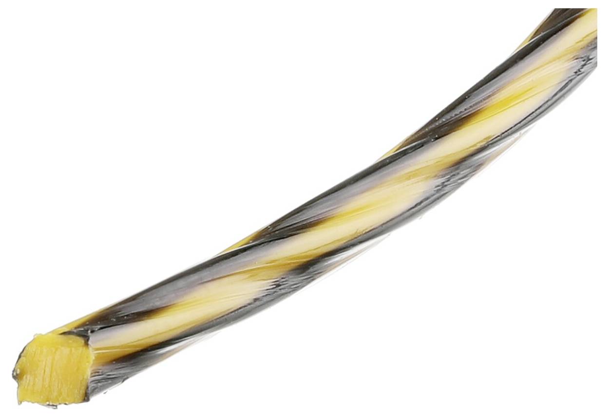 Ein geflochtenes Kabel mit gelber und schwarzer Ummantelung, leicht gebogen, sichtbar freiliegendes Ende.