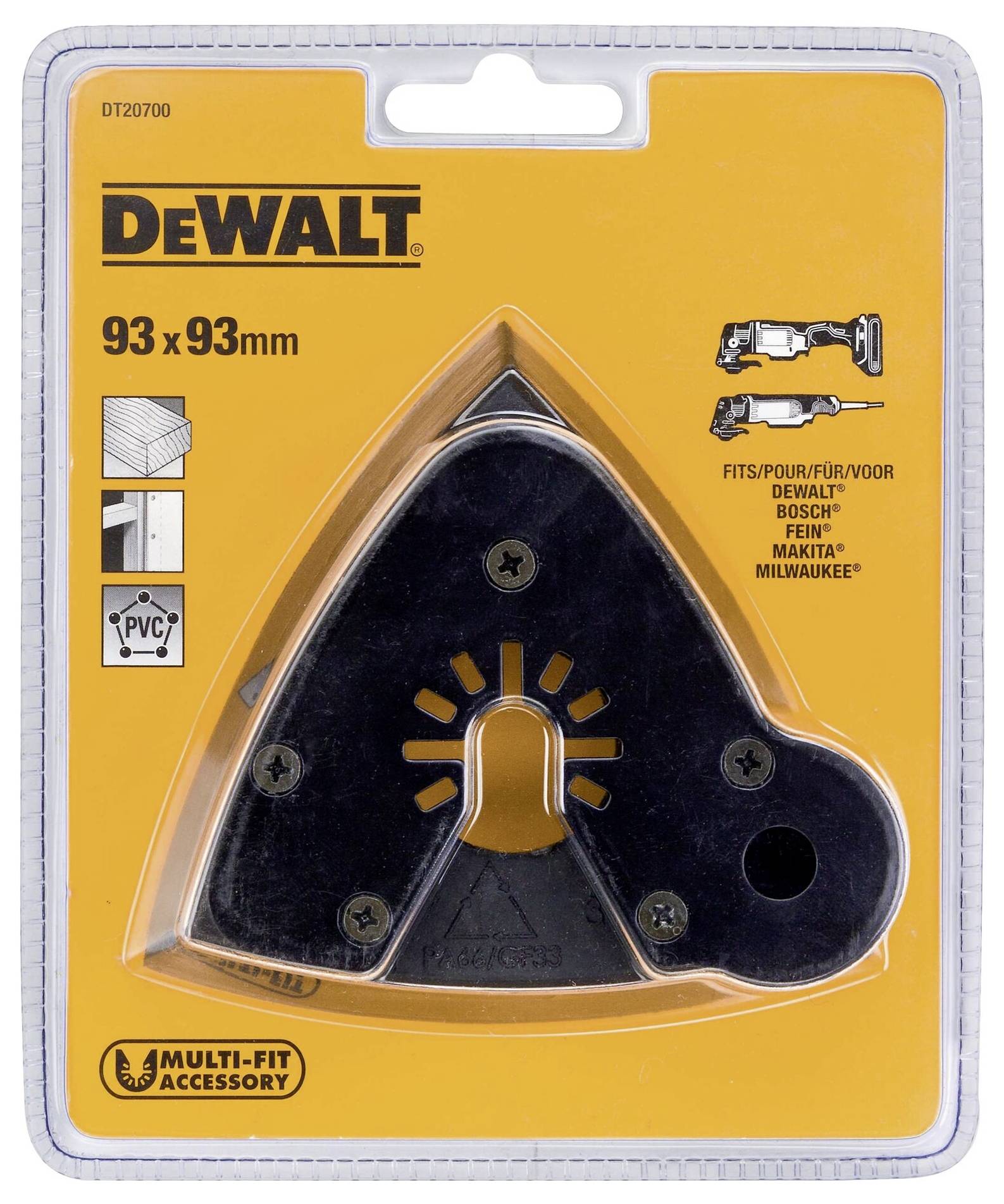 Dreieckiges Schleifpapier-Zubehör von DeWALT (93x93mm) in einer gelben Verpackung. Geeignet für verschiedene Werkzeugmarken.