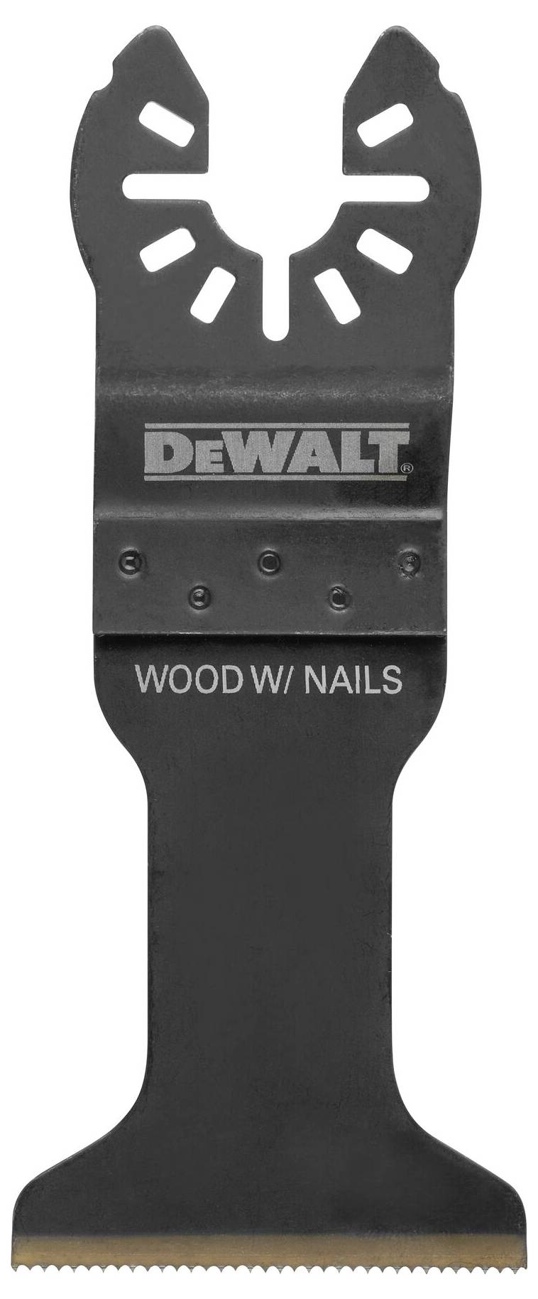 Ein schwarz lackiertes Sägeblatt der Marke DeWalt, geeignet für das Schneiden von Holz mit Nägeln.