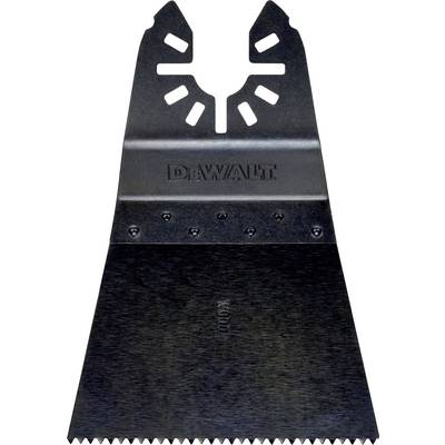 Dreieckige, schwarze Metallklinge mit gezacktem Rand und mehreren Schlitzen oben. Das Logo 'DEWALT' ist in der Mitte eingraviert.
