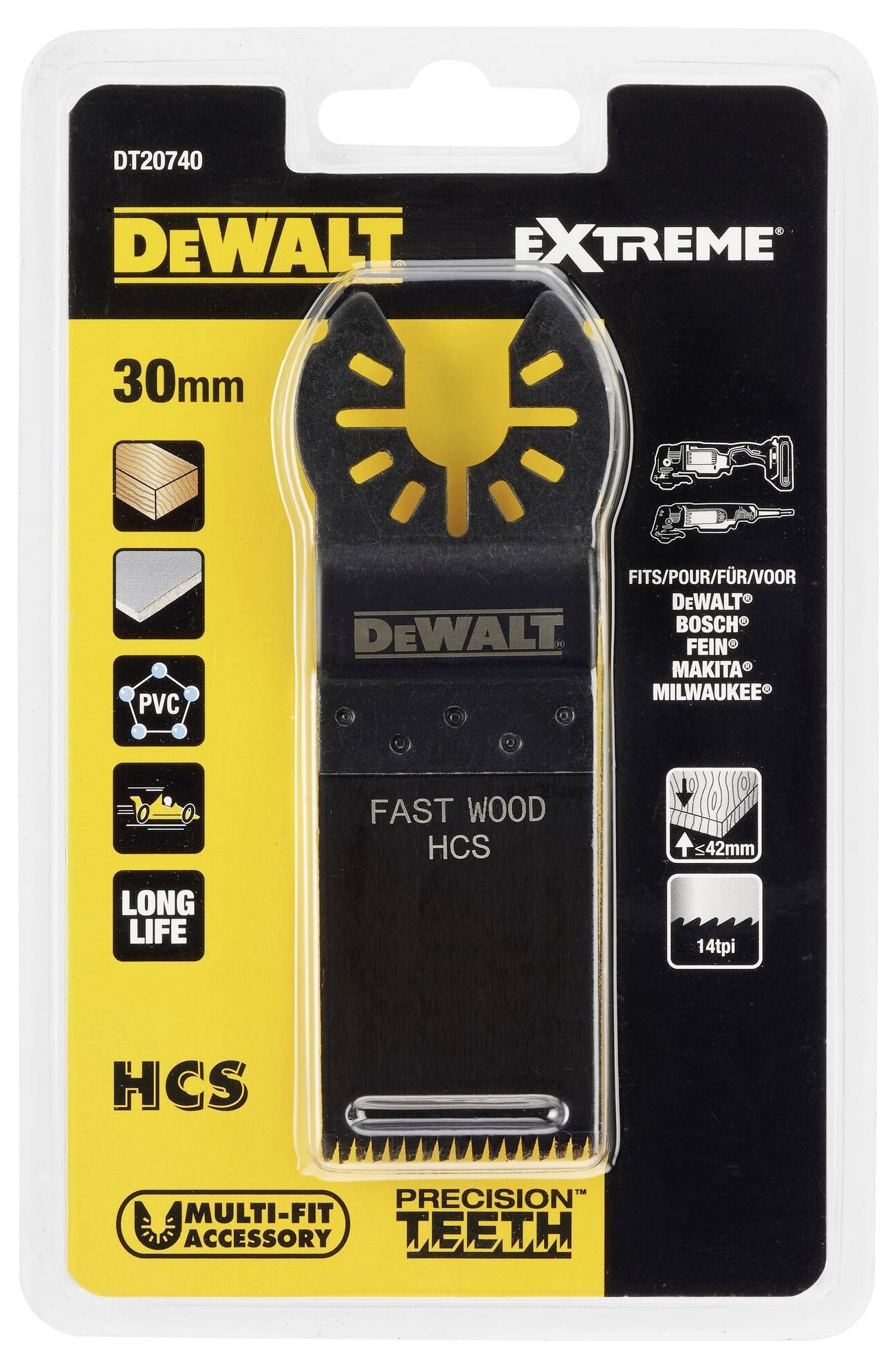 Verpackung eines DeWalt 'FAST WOOD HCS' Sägeblatts, geeignet für verschiedene Marken, mit Hinweis auf lange Haltbarkeit und 30 mm Größe.