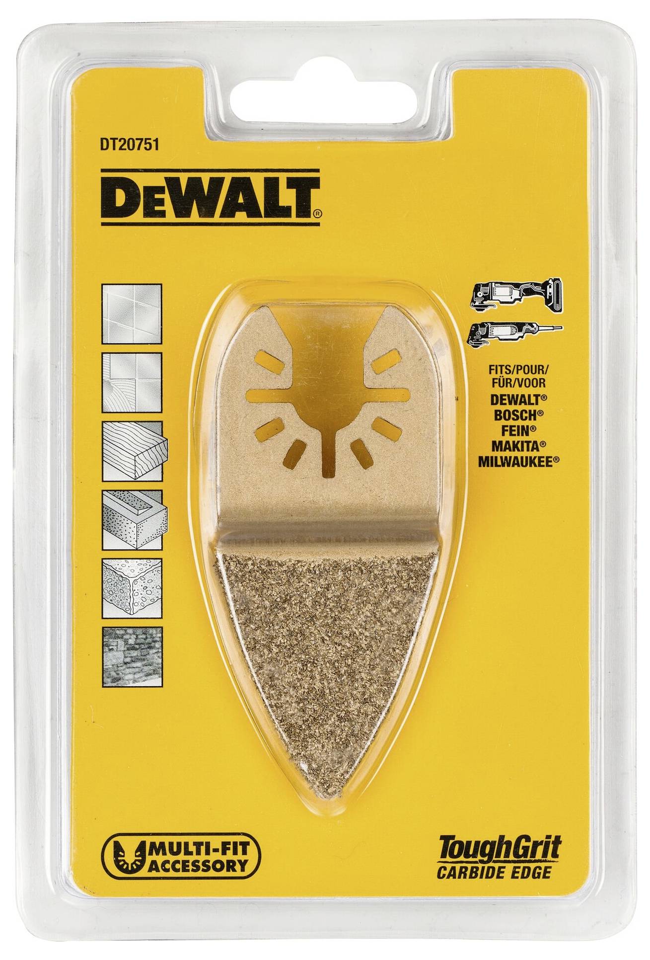 Verpackung eines Schleifblatts von DeWalt, geeignet für verschiedene Marken. Zeigt das Produkt und Symbolgrafiken für den Einsatzbereich.