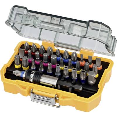 Ein gelber Kasten mit verschiedenen Schraubendreherbits in mehreren Farben, organisiert in Form und Größe, teilweise mit Halterung.