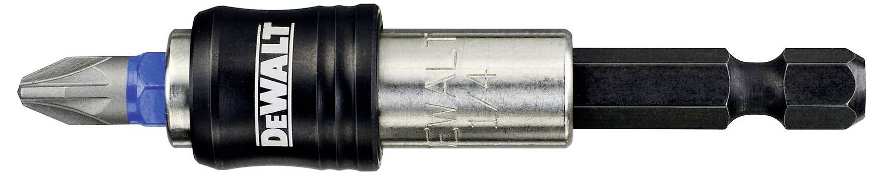 Schraubendrehereinsatz mit Sechskantschaft und magnetischer Spitze. Markierung 'DeWALT' auf schwarzem Gehäuse.