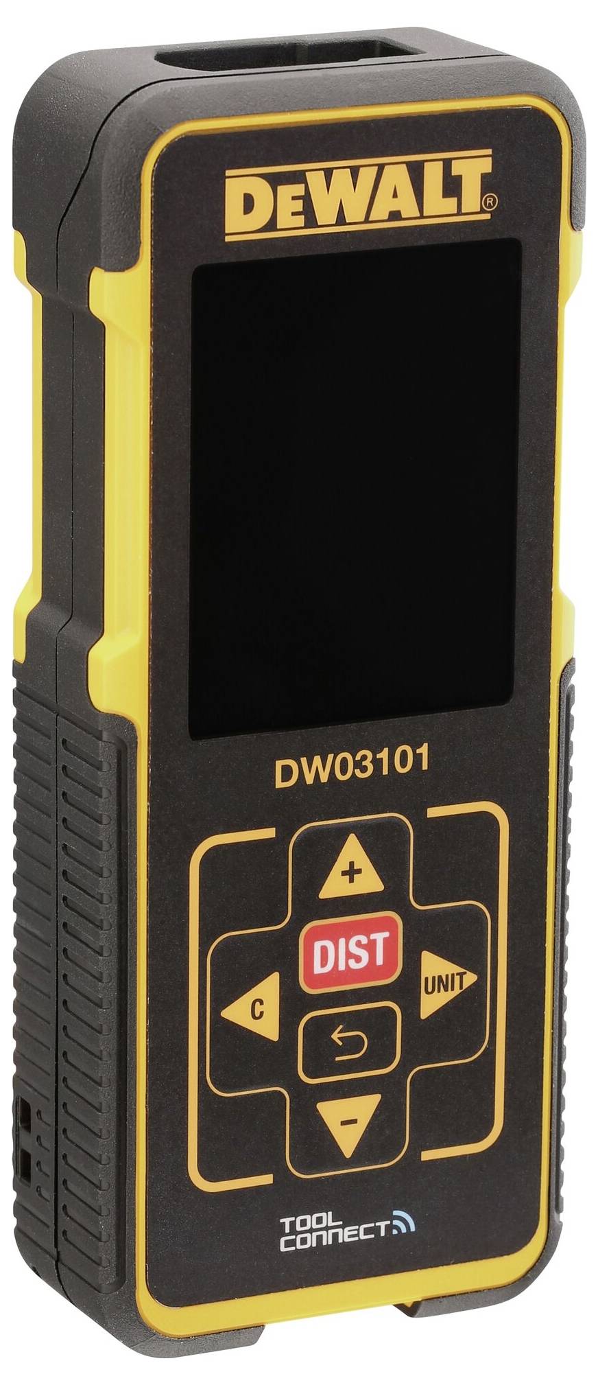 Elektronischer Entfernungsmesser von DeWalt mit gelbem und schwarzem Gehäuse und digitalem Display zur präzisen Distanzbestimmung.