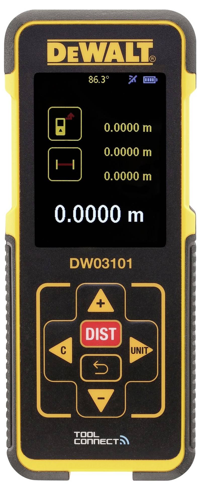Digitaler Entfernungsmesser in Gelb und Schwarz von DEWALT, Modell DW03101, zeigt Messungen in Metern auf dem Bildschirm an.