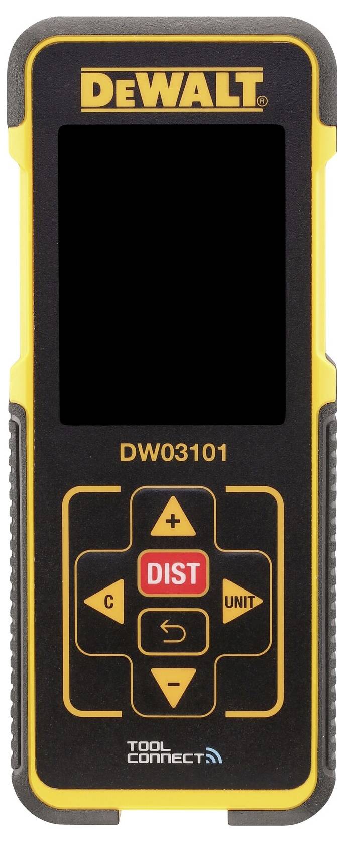 Digitales Entfernungsmessgerät mit Display und Bedientasten, Marke DEWALT, Modell DW03101, zur genauen Messung von Distanzen.