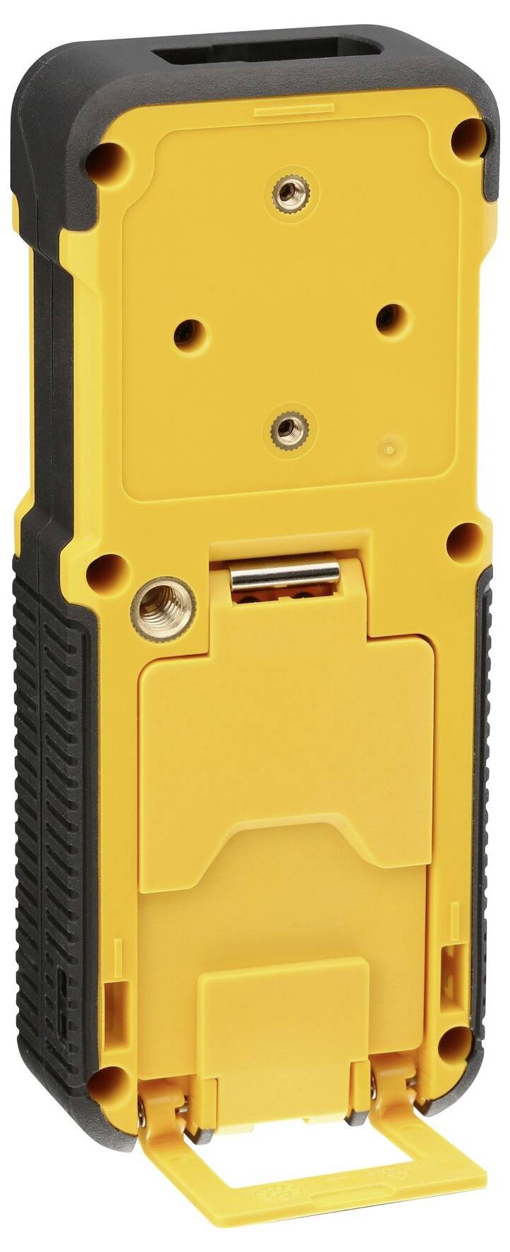 Ein gelbes, tragbares Gerät mit schwarzem Rand, vermutlich ein elektronisches Messgerät oder Werkzeug, Rückseite mit Batteriefach.