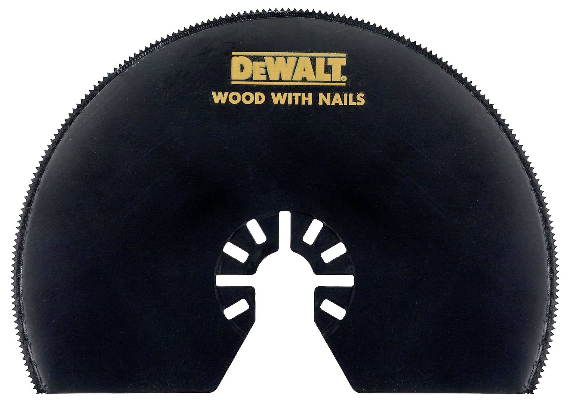 Sägeblatt von DeWalt für Holz mit Nägeln, halbkreisförmig mit Zähnen an der geraden Kante, geeignet für robuste Schneidarbeiten.