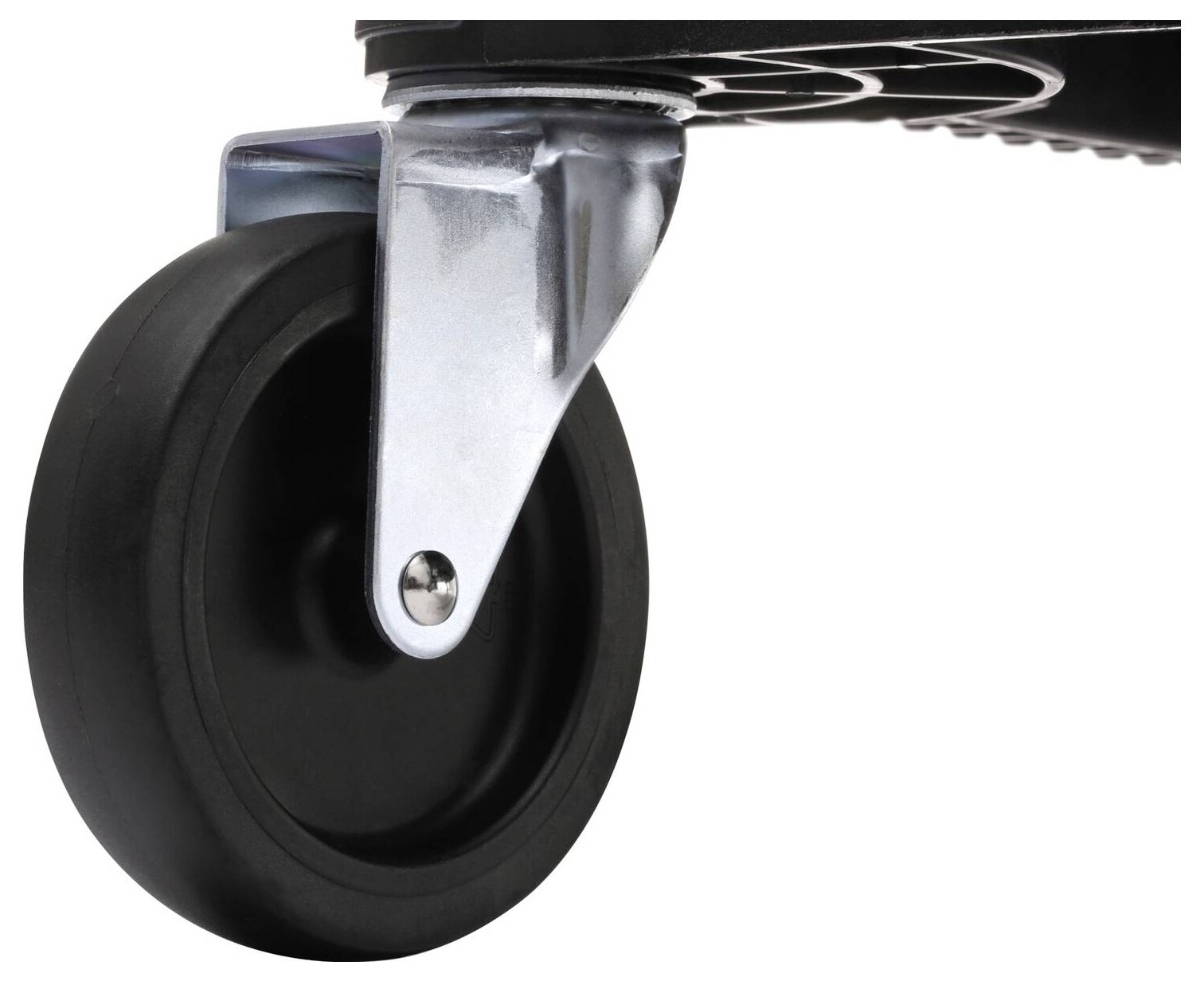 Ein schwarzes Rad mit Metallhalterung, das an einem Möbelstück oder Gerät befestigt ist, zeigt seine robuste Konstruktion und Mobilität.