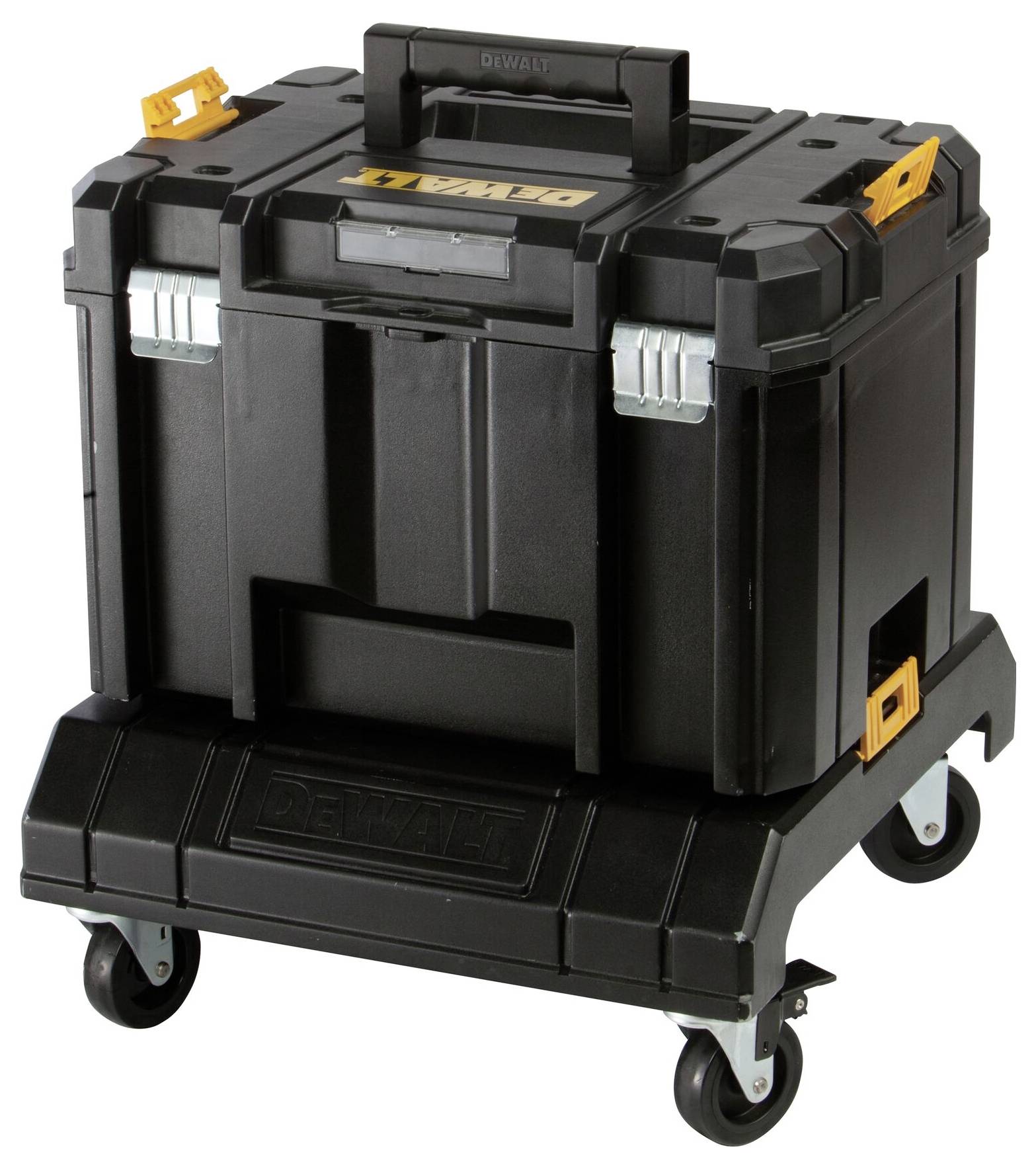 'Schwarzer Werkzeugkoffer auf Rollen, robust mit Metallverschlüssen und gelben Griffen, auf einem stabilen Rollwagen montiert.'