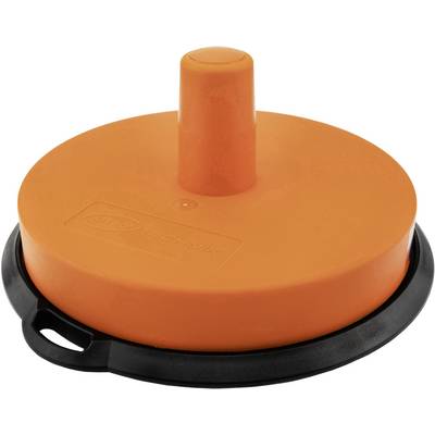 Ein orangefarbener Deckel mit Griff, passend für einen runden Behälter, um den Inhalt sicher abzudecken.