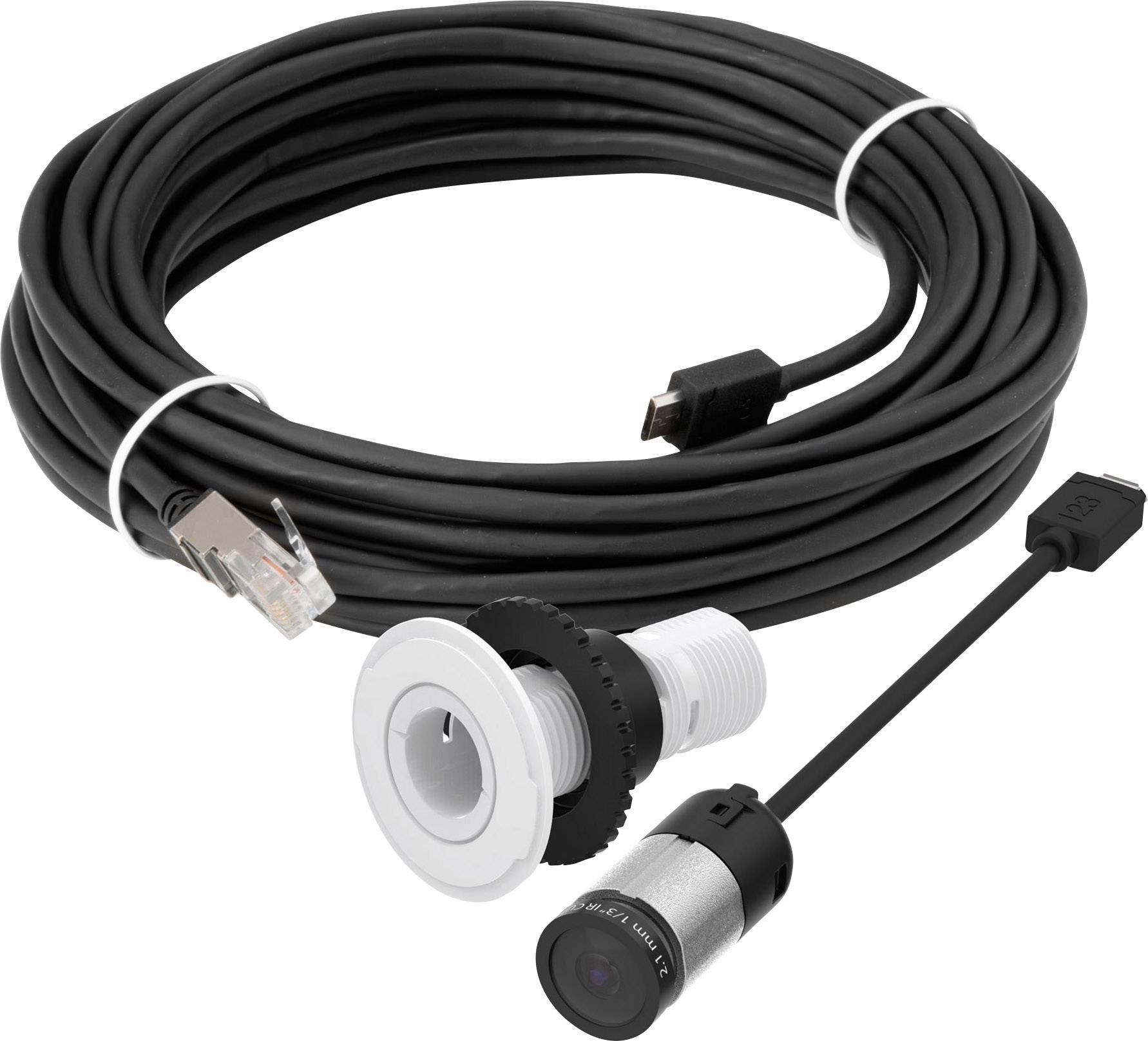 'Außenbootkamera-Bundle mit Kamera, Kabel und angeschlossenem Stecker.'