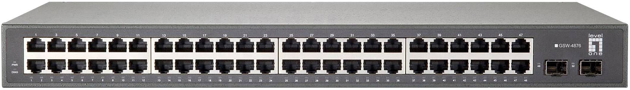 Ein Netzwerk-Switch mit 48 Ethernet-Ports und zwei Glasfaseranschlüssen, geeignet für die Verbindung mehrerer Geräte in einem Netzwerk.