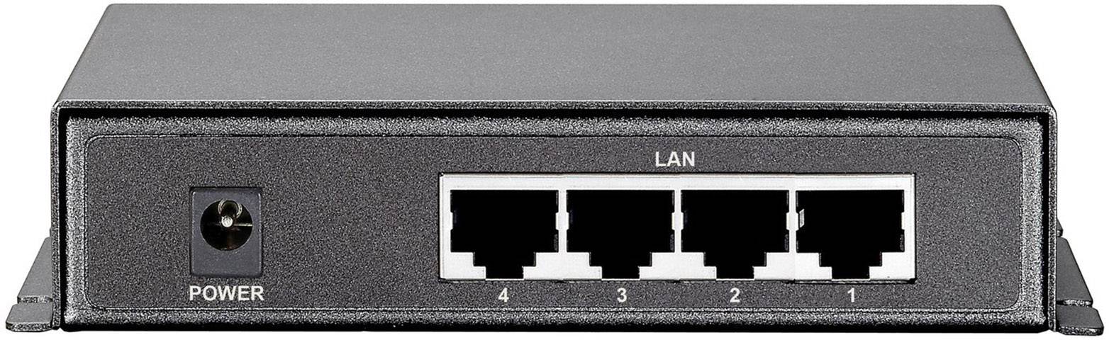 Schwarzer Ethernet-Switch mit vier LAN-Anschlüssen und einem Power-Anschluss an der Vorderseite.