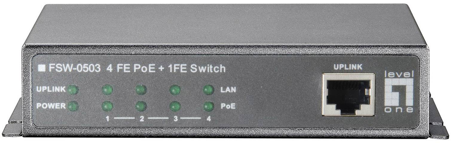 Ein kleiner, grauer Netzwerk-Switch von Level One, Modell FSW-0503, mit fünf Ports und LED-Anzeigen für Uplink, Power, LAN und PoE.