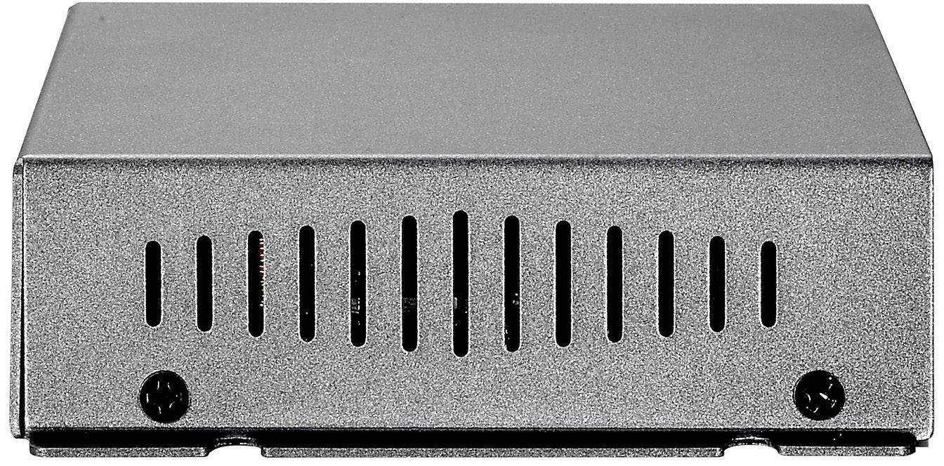 Ein graues Rechteck, möglicherweise ein Gehäuse oder eine Box, mit einer perforierten Vorderseite und zwei sichtbaren Schrauben.