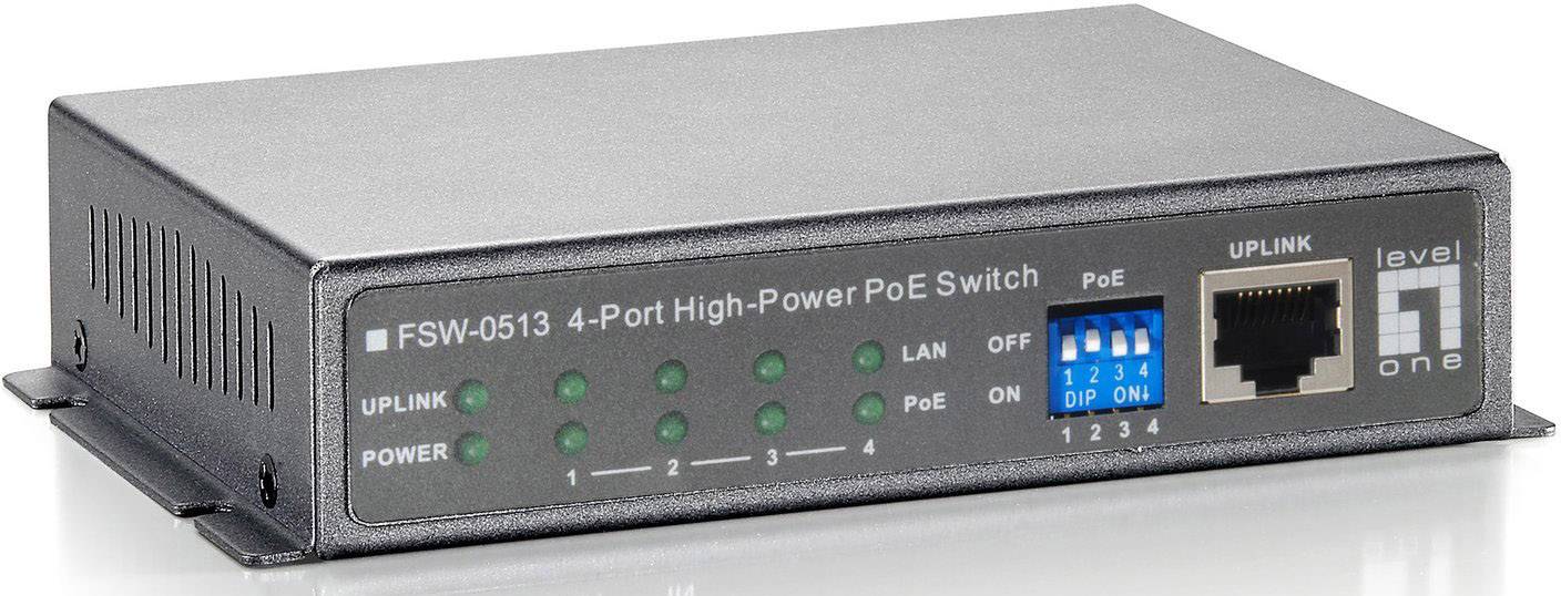 'FSW-0513 4-Port High-Power PoE Switch', kompakter Netzwerk-Switch mit vier PoE-Anschlüssen und einem Uplink-Port, zeigt Statusleuchten.