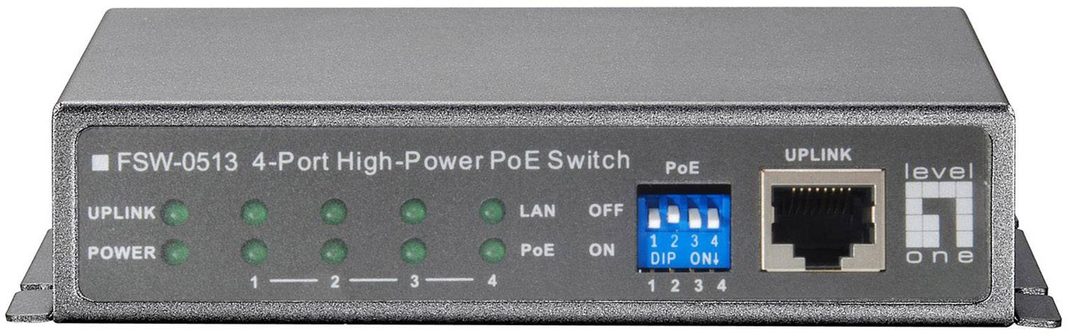 Ein 4-Port High-Power PoE Switch von LevelOne. Zeigt LED-Anzeigen für Uplink, Power und PoE-Status sowie LAN- und Uplink-Anschlüsse.