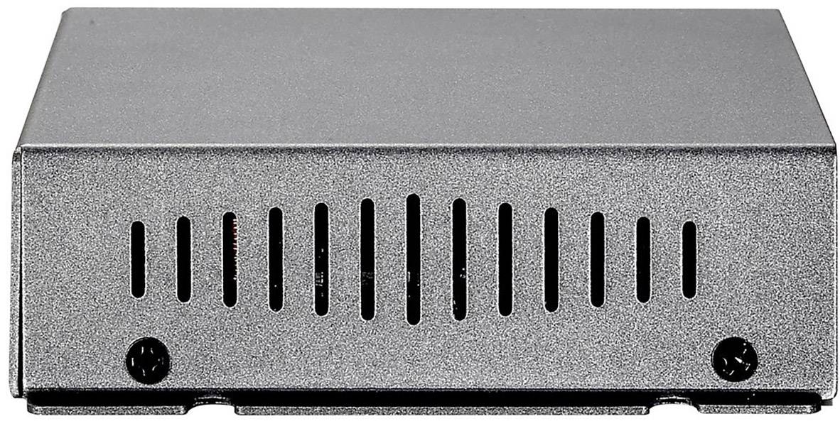 Metallisches Gehäuse mit Lüftungsschlitzen, rechteckig, graues Finish, Vorderansicht.