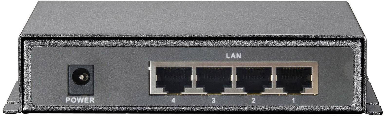 Schwarz-grauer Netzwerk-Switch mit vier LAN-Anschlüssen und einem Stromanschluss auf der Vorderseite.