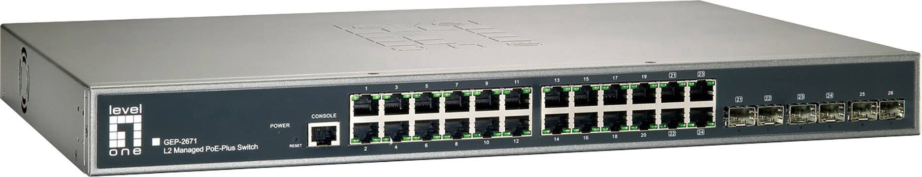 Netzwerk-Switch mit 24 Ethernet-Ports und vier SFP-Slots, geeignet für den Einsatz in Unternehmensnetzwerken zur Datenverteilung.