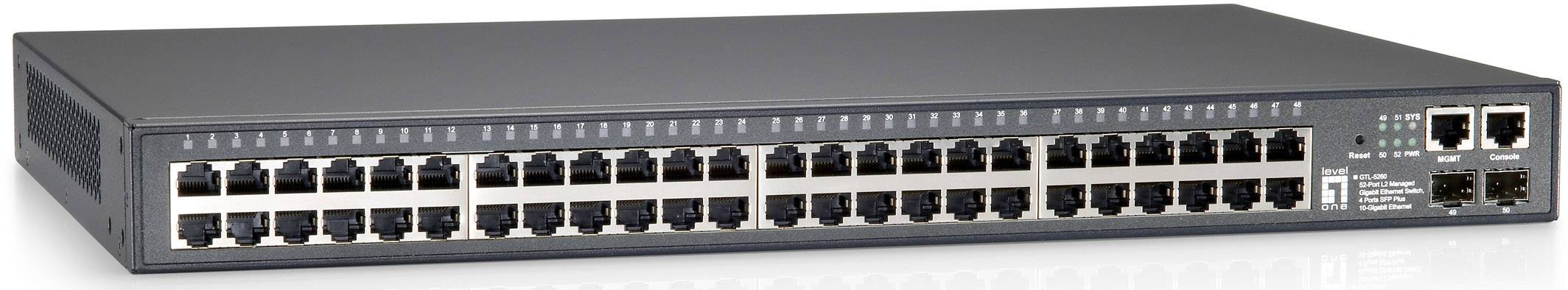 Ein Netzwerk-Switch mit 48 Ethernet-Ports und zusätzlichen Glasfaseranschlüssen, ideal für den Einsatz in großen Netzwerken.