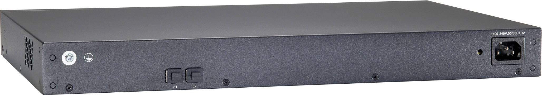 Ein schwarzes elektronisches Gerät in rechteckiger Form mit Anschlussmöglichkeiten auf der Rückseite, vermutlich ein Netzwerkswitch.