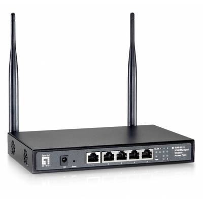 Schwarzer WLAN-Access-Point mit zwei Antennen und mehreren Ethernet-Ports, geeignet für Netzwerkverbindungen in Geschäftsumgebungen.