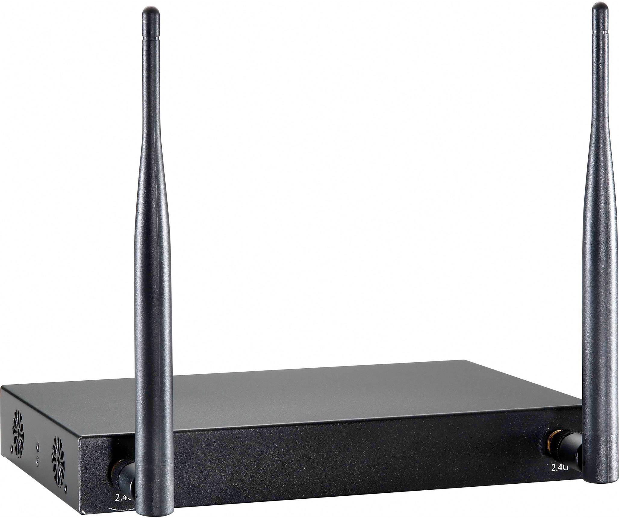 Ein schwarzer Router mit zwei aufrechten Antennen zur drahtlosen Netzwerkverbindung.