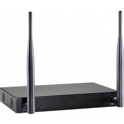 Ein schwarzer Router mit zwei aufrechten Antennen zur drahtlosen Netzwerkverbindung.