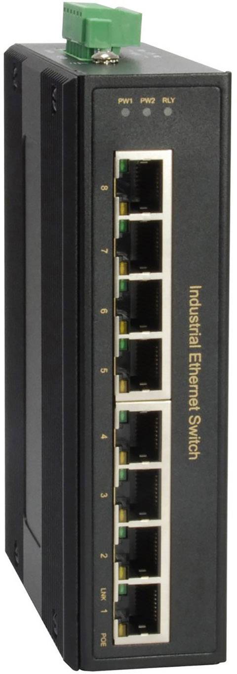 Industrieller Ethernet-Switch mit acht Anschlüssen, schwarz, aufrecht stehend, mit grüner Anschlussklemme oben.