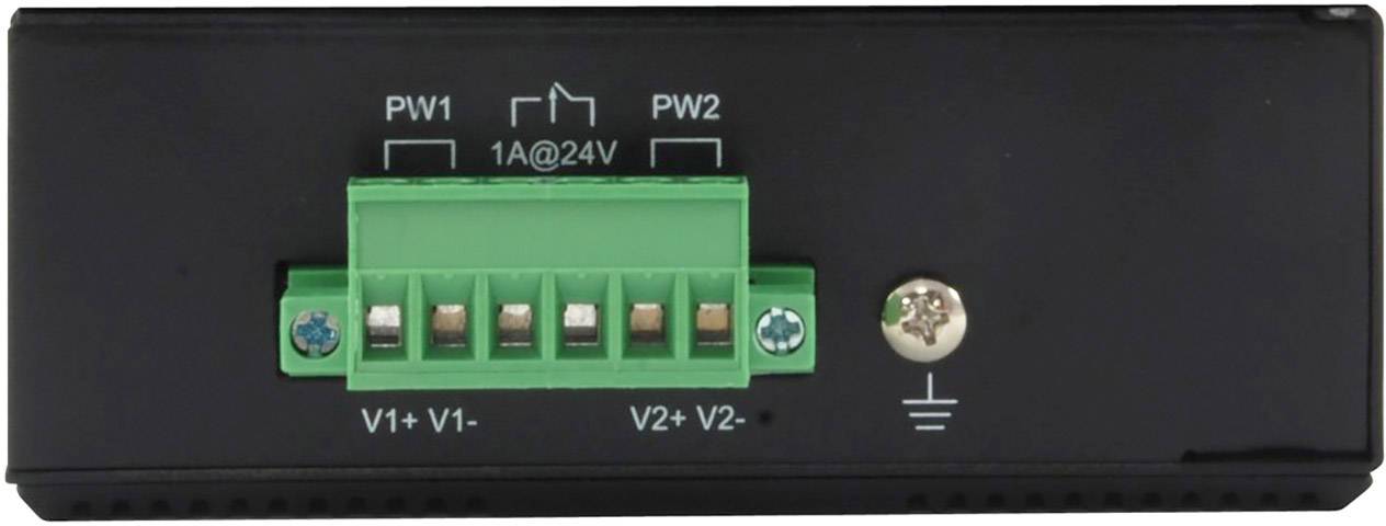 Schwarzes elektronisches Gerät mit grünem Anschlussfeld, markiert mit 'PW1', 'PW2', '1A@24V', 'V1+', 'V1-', 'V2+', 'V2-'.