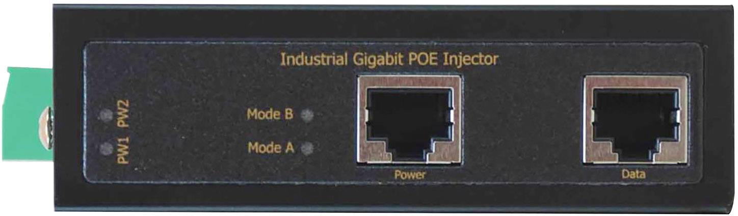 Ein schwarzer Industrial Gigabit POE Injector mit zwei Ethernet-Anschlüssen, gekennzeichnet als 'Mode B' und 'Mode A'.