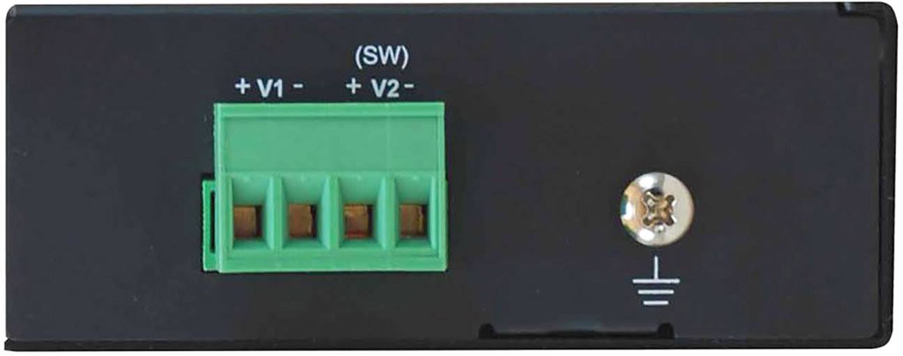 Schwarze Frontplatte eines elektronischen Geräts mit grünem Steckanschluss. Beschriftungen: '+V1', '-V1', '+V2', '-V2', 'SW' und Erdungssymbol.